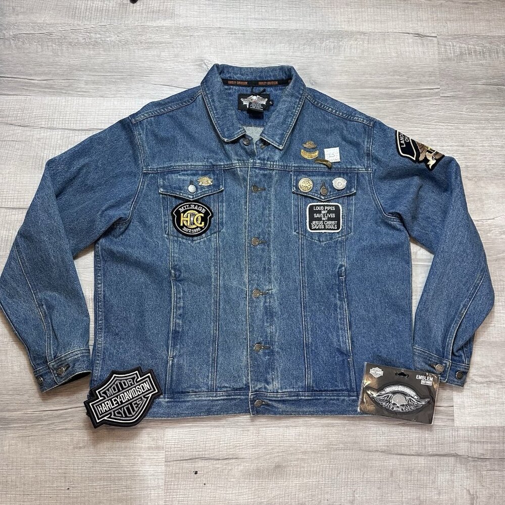 VTG Harley Davidson Denim Button Up Trucker Jacket Mens XL Blue V Twin Power